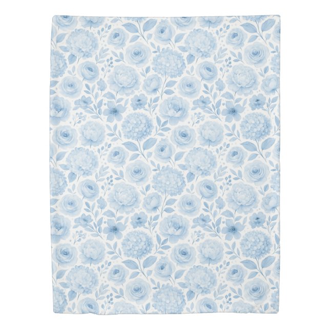 Blue White Watercolor Floral Pattern Duvet Cover (Front)