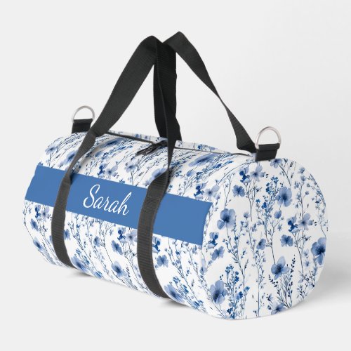Blue White Watercolor Floral Pattern Monogram Name Duffle Bag