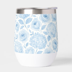 Blue White Watercolor Floral Pattern Thermal Wine Tumbler