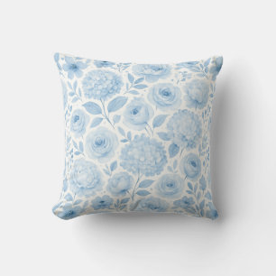 Blue White Watercolor Floral Pattern Throw Pillow