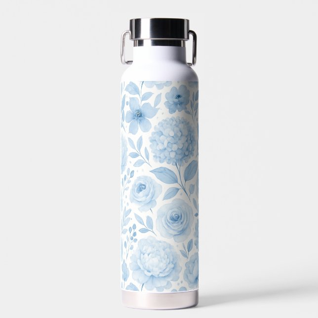 Blue White Watercolor Floral Pattern Water Bottle (Front)