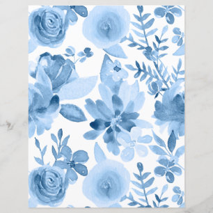 Blue & White Watercolor Floral Scrapbook Paper