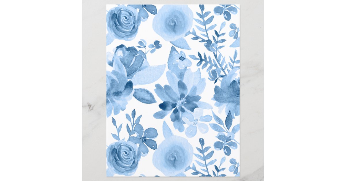 Blue & White Watercolor Floral Scrapbook Paper