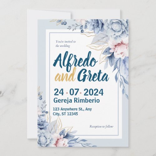 Blue White Watercolor Floral Wedding Invitation