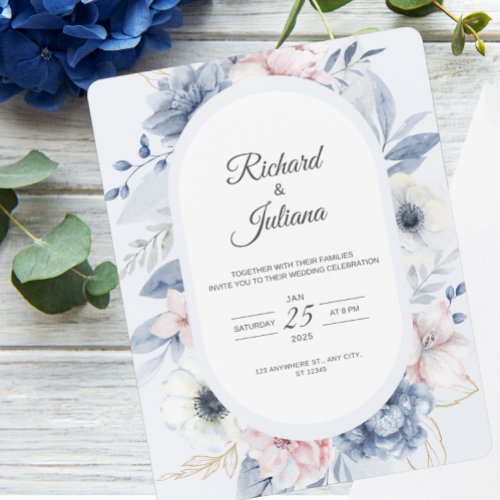 Blue White Watercolor Floral Wedding Invitation