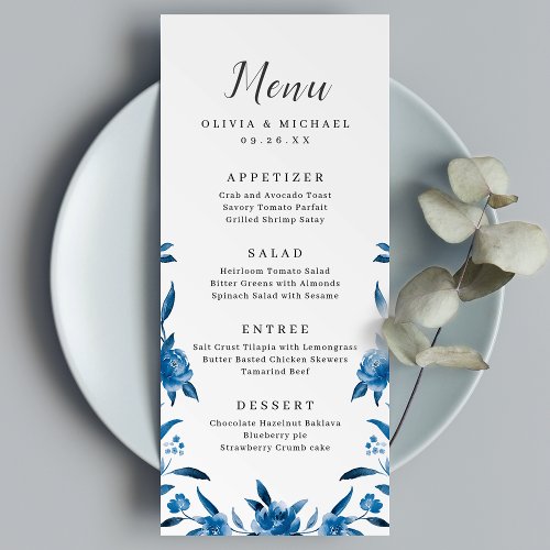 Blue  white watercolor floral wedding menu
