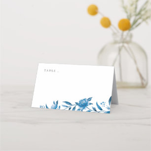 Blue & white watercolor floral wedding place cards