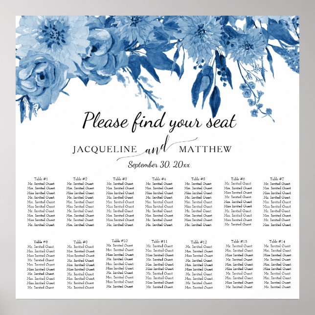 Blue White Watercolor Floral Wedding Seating Chart (Front)