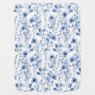 Blue White Watercolor Floral Wildflower Baby Blanket