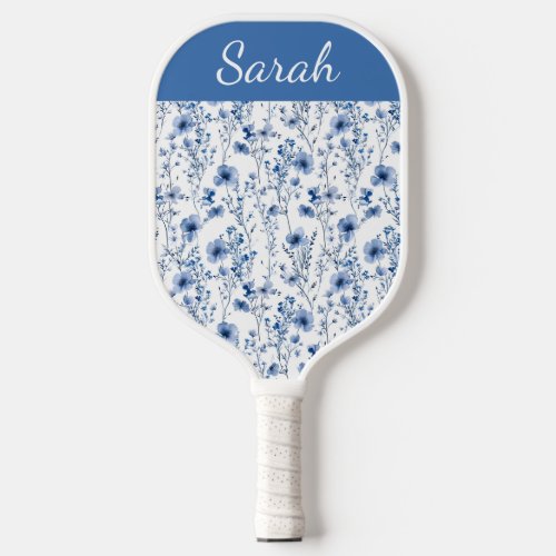 Blue White Watercolor Floral Wildflower Name Pickleball Paddle