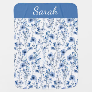 Blue White Watercolor Floral Wildflowers Name Baby Blanket