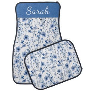 Blue White Watercolor Floral Wildflowers Name Car Floor Mat