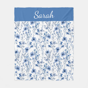 Blue White Watercolor Floral Wildflowers Name Fleece Blanket