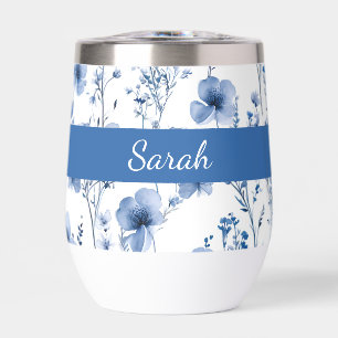 Blue White Watercolor Floral Wildflowers Name Thermal Wine Tumbler