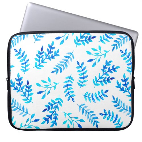 Blue White Watercolor Leaves Modern Laptop Sleeve