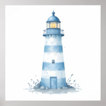 Blue & White Watercolor Lighthouse
