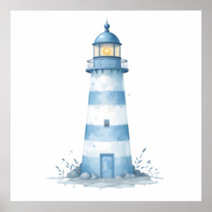 Blue & White Watercolor Lighthouse Poster