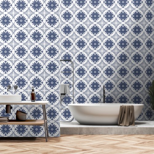 Blue White Watercolor Mediterranean Tile Pattern  Wallpaper