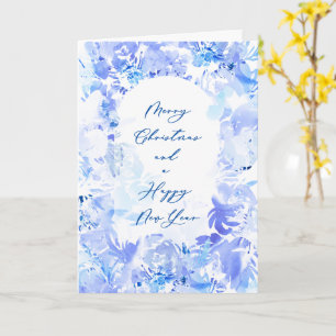 Blue White Watercolor Merry Christmas New Year Card