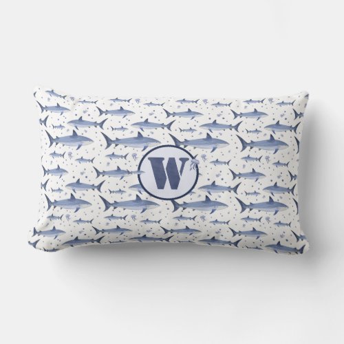 Blue  White Watercolor Monogram Shark  Jellyfish Lumbar Pillow