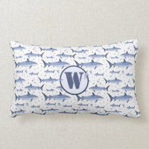 Blue &amp; White Watercolor Monogram Shark + Jellyfish Lumbar Pillow