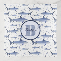 Blue &amp; White Watercolor Monogram Shark Pattern Trinket Tray