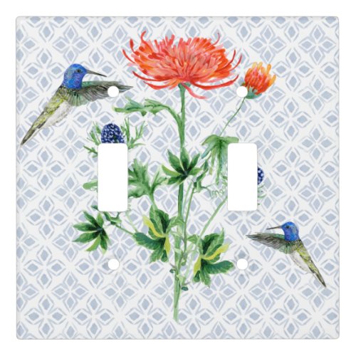 Blue White Watercolor Orange Floral Hummingbirds Light Switch Cover