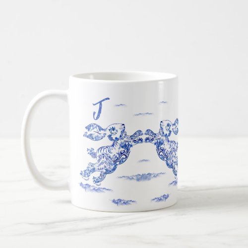 Blue White Watercolor Rabbit Monogram Coffee Mug