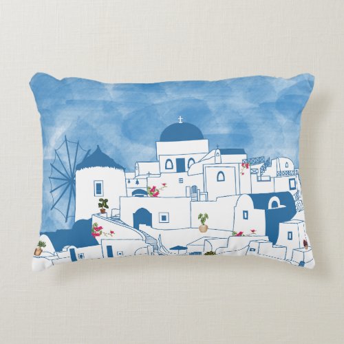 Blue  White Watercolor Santorini Greece Accent Pillow