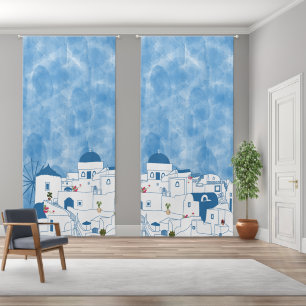 Blue & White Watercolor Santorini Greece Blackout Curtains