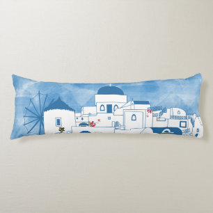 Blue & White Watercolor Santorini Greece Body Pillow