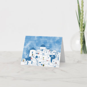 Blue & White Watercolor Santorini Greece Card