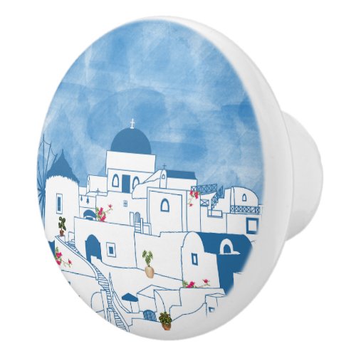 Blue  White Watercolor Santorini Greece Ceramic Knob