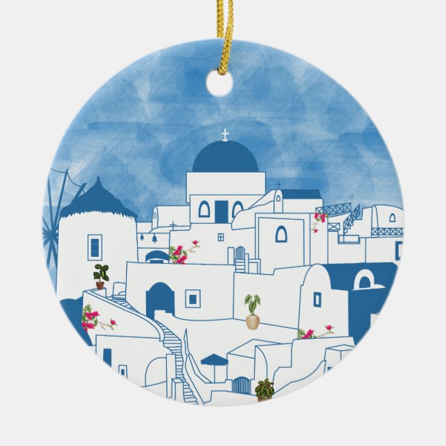 Blue & White Watercolor Santorini Greece Ceramic Ornament (Front)