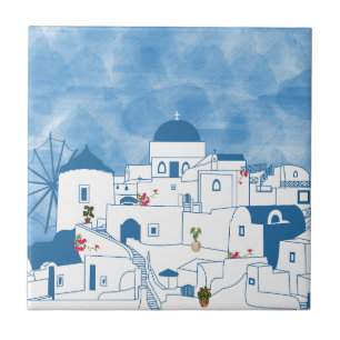 Blue & White Watercolor Santorini Greece Ceramic Tile
