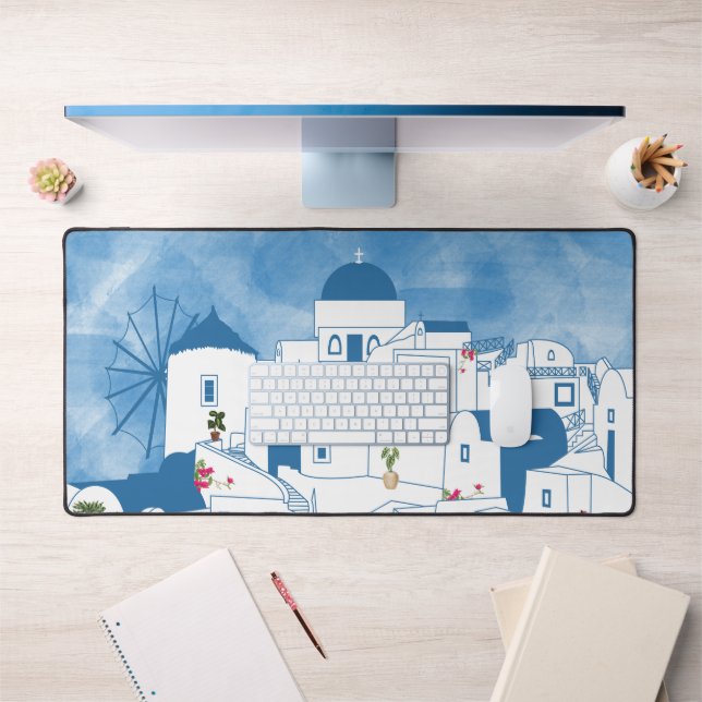 Blue & White Watercolor Santorini Greece Desk Mat (Office 1)
