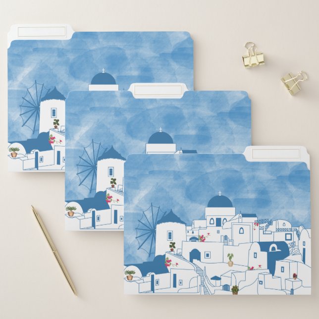 Blue & White Watercolor Santorini Greece File Folder (Set)