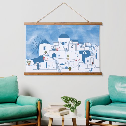 Blue  White Watercolor Santorini Greece Hanging Tapestry