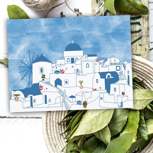 Blue  White Watercolor Santorini Greece Holiday Postcard
