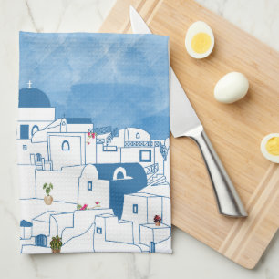 Blue & White Watercolor Santorini Greece Kitchen Towel