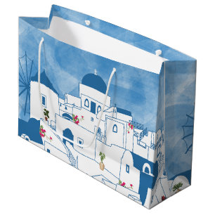Blue & White Watercolor Santorini Greece Large Gift Bag