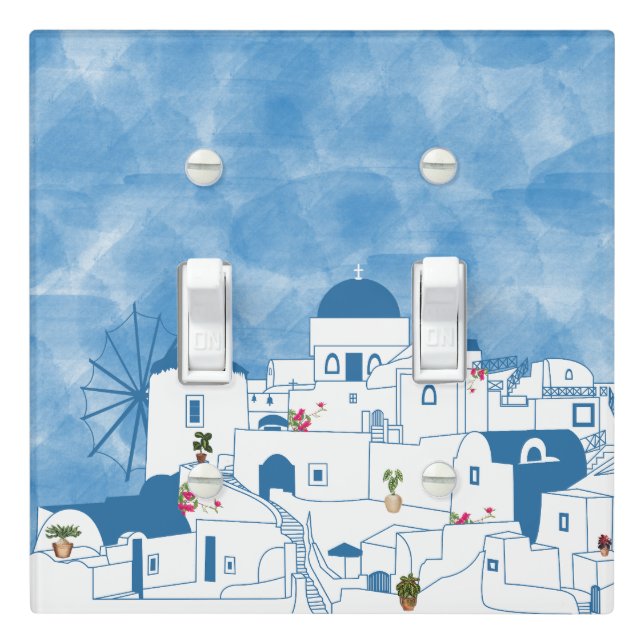 Blue & White Watercolor Santorini Greece Light Switch Cover (In Situ)