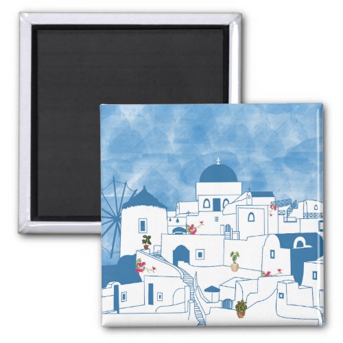 Blue  White Watercolor Santorini Greece Magnet