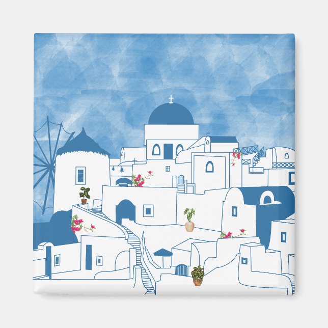 Blue & White Watercolor Santorini Greece Magnet (Front)
