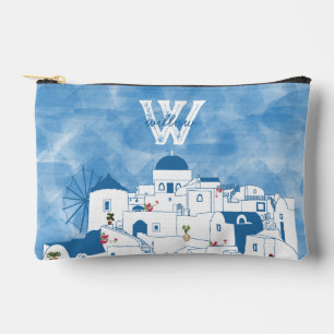 Blue & White Watercolor Santorini Greece Monogram Accessory Pouch