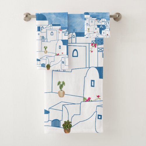 Blue  White Watercolor Santorini Greece Monogram Bath Towel Set