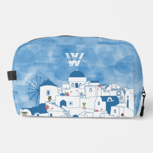 Blue & White Watercolor Santorini Greece Monogram Dopp Kit