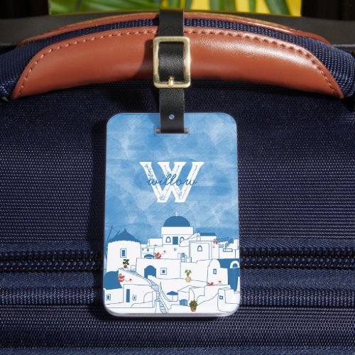 Blue  White Watercolor Santorini Greece Monogram Luggage Tag