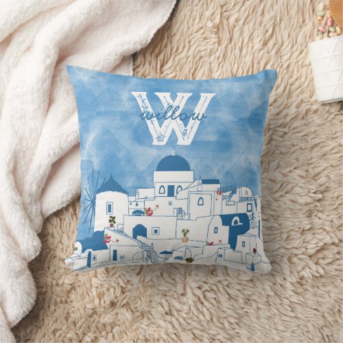 Blue  White Watercolor Santorini Greece Monogram Throw Pillow