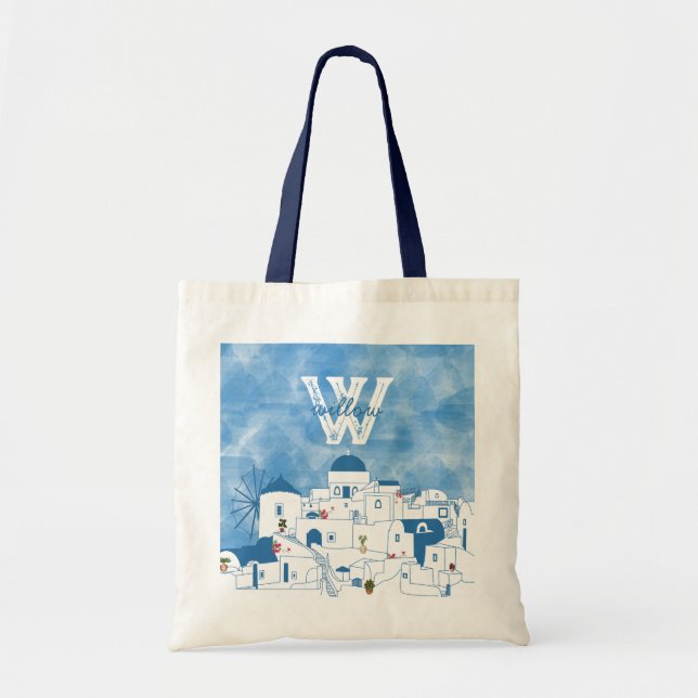 Blue & White Watercolor Santorini Greece Monogram Tote Bag (Front)